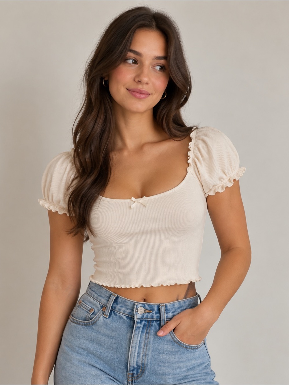 American Eagle Outfitters Cream Puff-Sleeve Scoop Crop Top